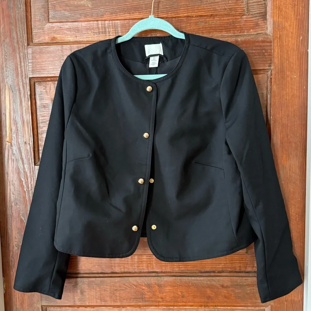 H&M Black Cropped Jacket with Gold Snap Buttons Sz L - Picture 5 of 7